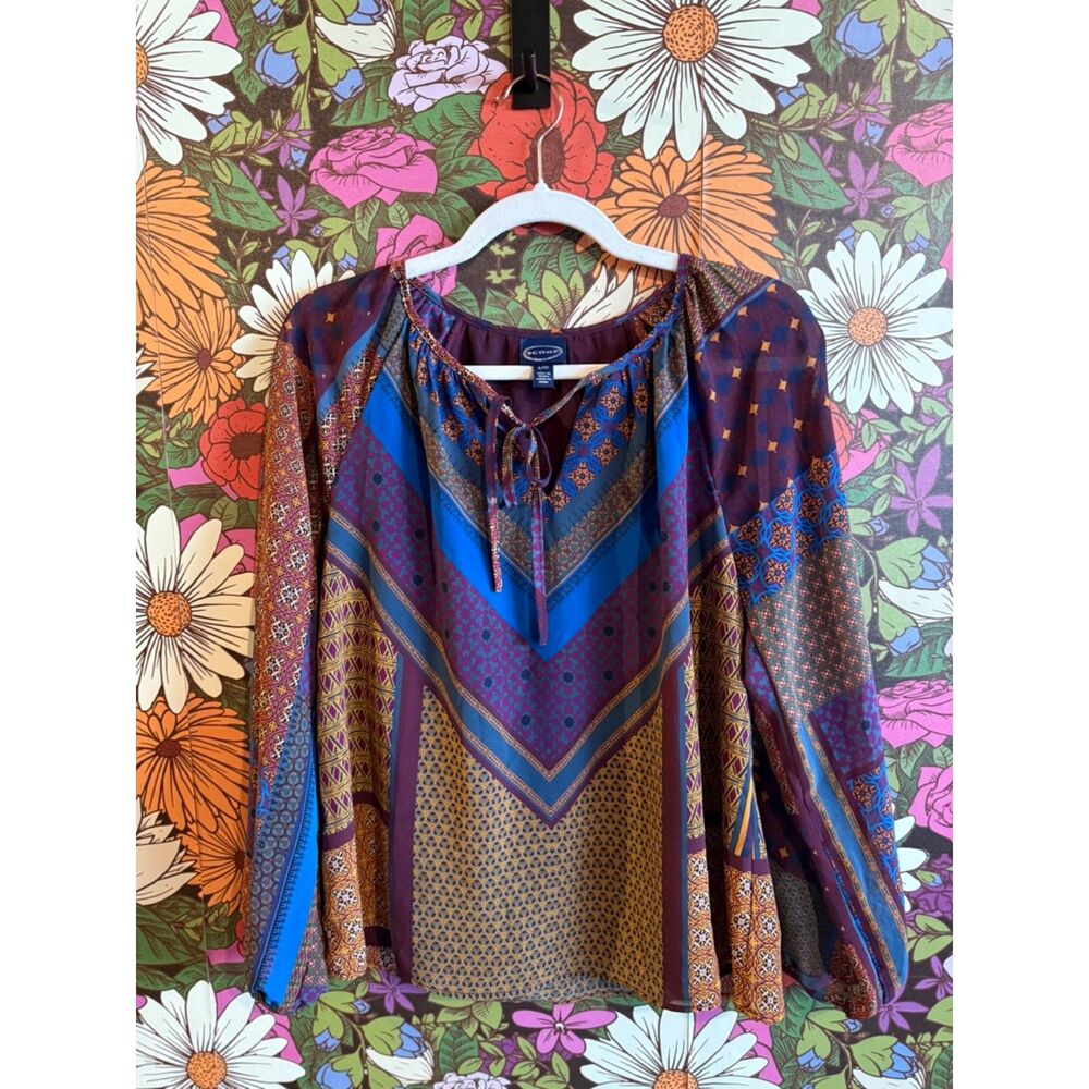 Scoop NYC Tie Neck Peasant Blouse Brown Purple Boho Blouson Top Size S